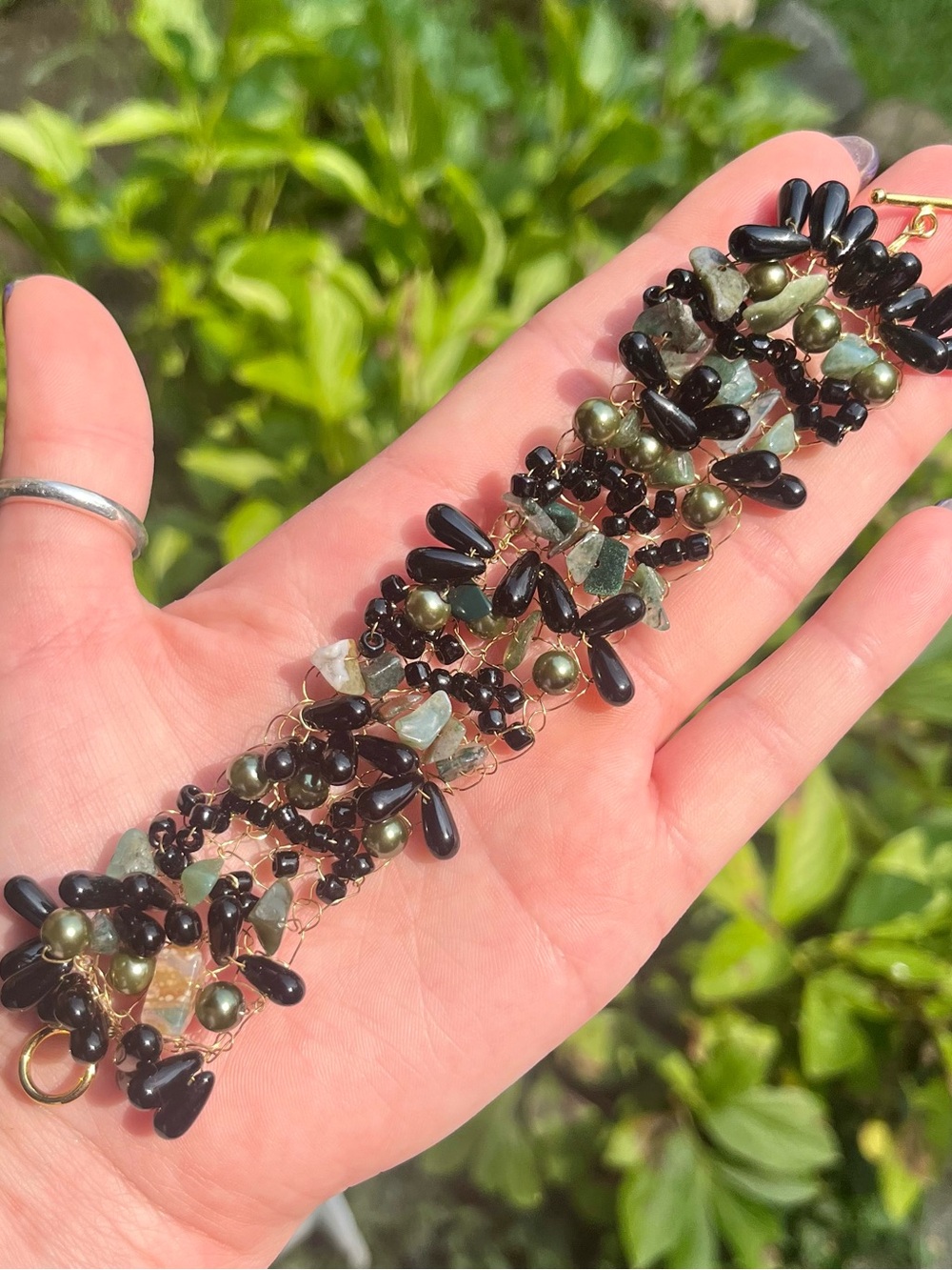 Handcrafted Black onyx jade Green Beaded wire woven Bracelet